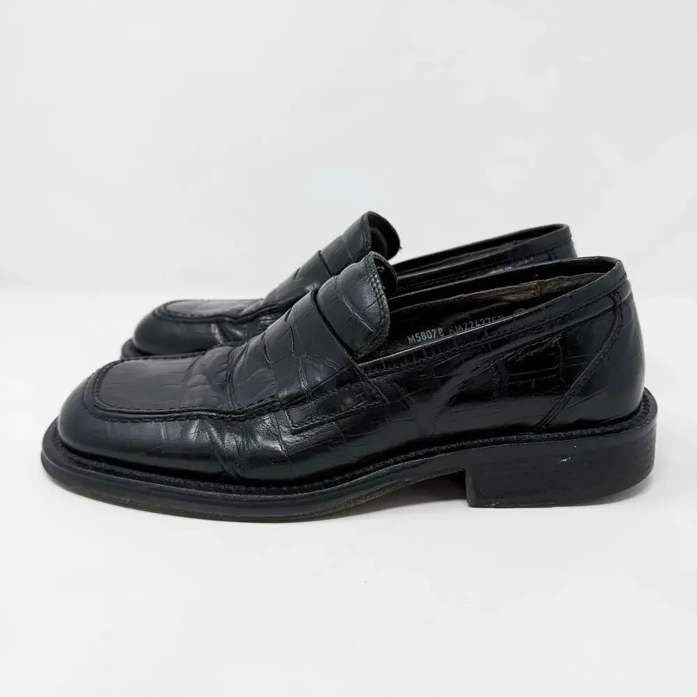 Vintage 90s Kenneth Cole Black Leather Croc Embossed Loafers 8.5 Made in Italy
